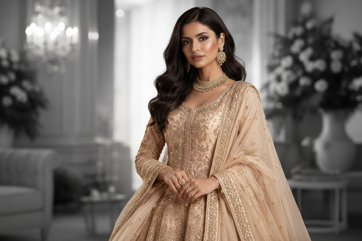 Create a high-end fashion editorial photograph for a premium women’s clothing brand.

A Pakistani ethnic woman wearing a luxurious traditional Pakistani suit, designed for festive occasions such as Eid or celebrations. The outfit should look rich, elegant, and detailed, featuring fine embroidery, delicate embellishments, and premium fabric. The dress colors should be soft yet vibrant and classy (such as ivory, champagne, blush, emerald, or muted gold tones), avoiding overly saturated or neon colors.

The mo