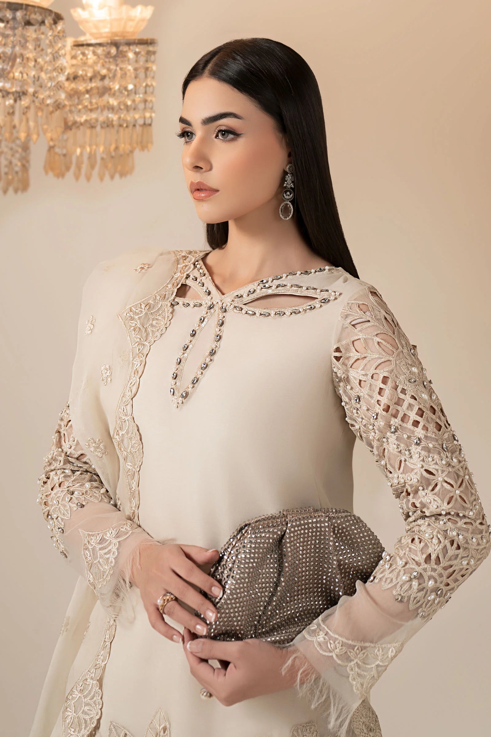 3 Piece Embroidered Organza Suit – Off White