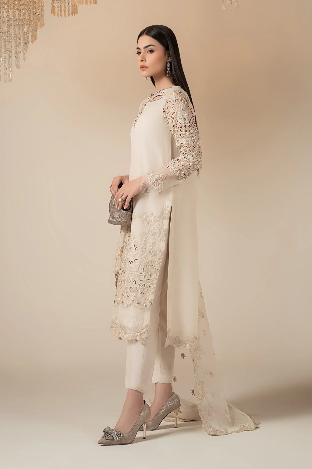 3 Piece Embroidered Organza Suit – Off White