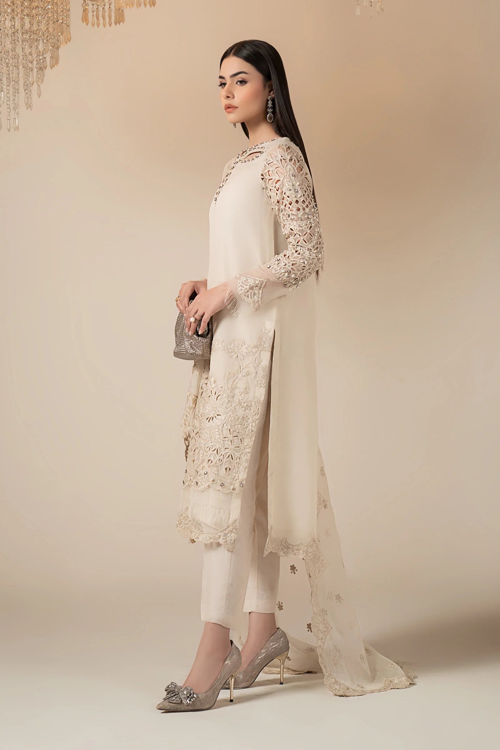 3 Piece Embroidered Organza Suit – Off White