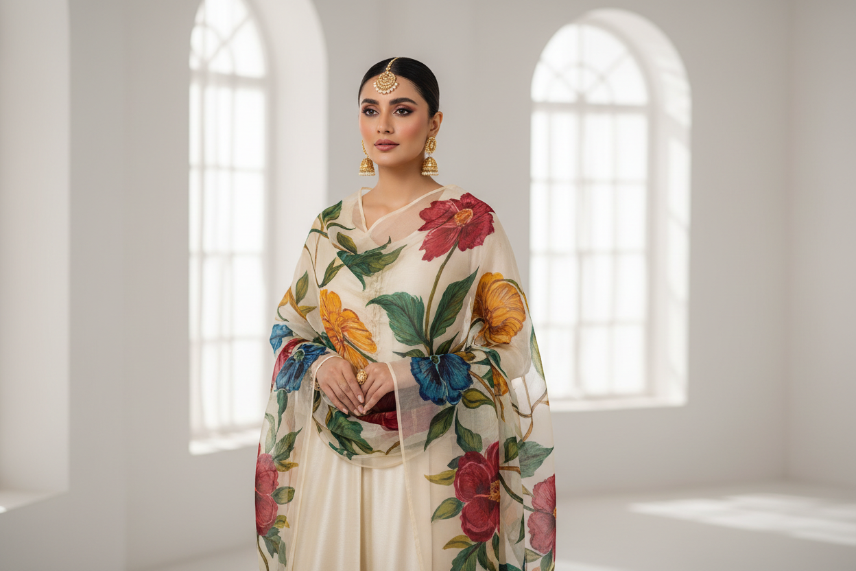 Handmade Printed Organza Dupatta