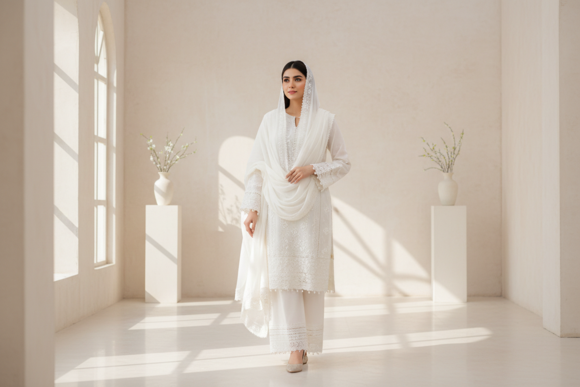 Young Pakistani woman in traditional white suit
